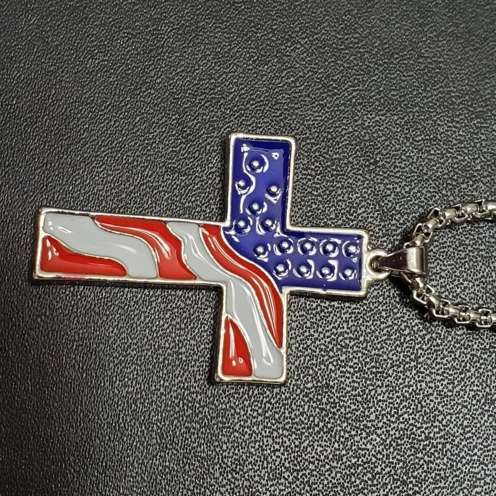 Silver tone flag cross pendant necklace 23